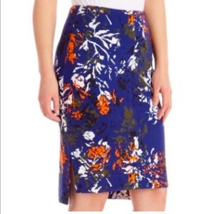 Lysse Palm High Waisted Stretch Navy Blue Orange Floral Pencil Skirt Medium